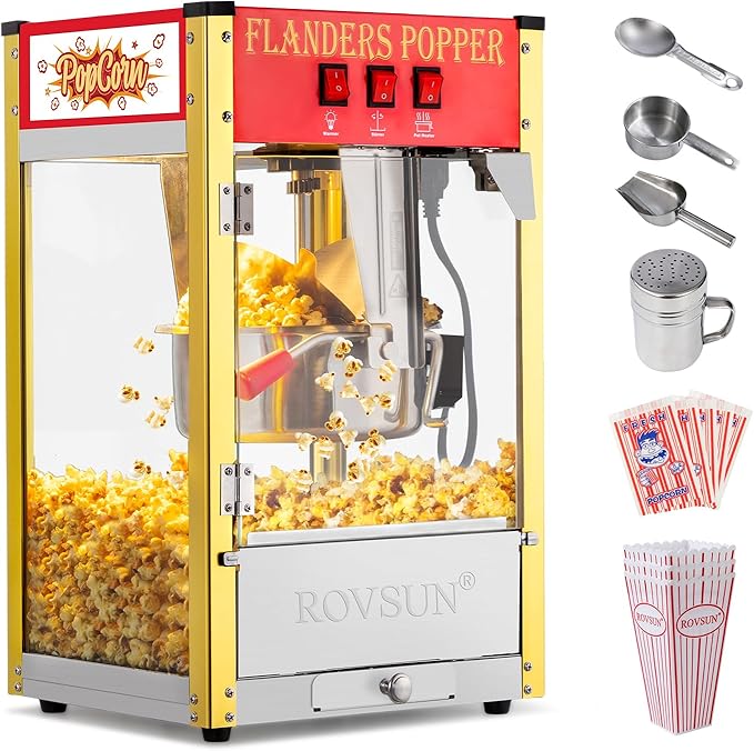 ROVSUN Popcorn Machine with 8 Ounce Kettle Makes Up to 32 Cups, Commercial Popcorn Machine Countertop Popcorn Maker w/Stainless Steel Scoop, Oil Spoon & 3 Popcorn Cups for Home Movie Theater, ETL, Red