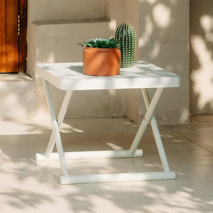 Outdoor Folding Table for Patio Square Side Table for Camping and Picnics Portable Aluminum Tables Foldable Small End Table, Creamy White