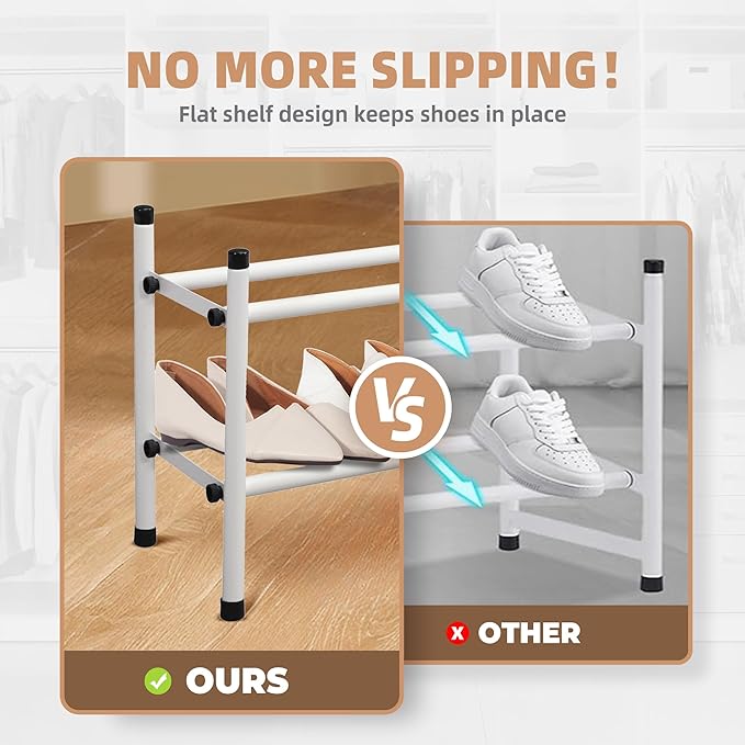 STORAGE MANIAC Expandable Shoe Rack, 8 Pairs Stackable Small Shoe Rack, Metal Adjustable Shoes Organizer for Closet, Entryway, Hallway, Garage, Front Door, Shoes Shelves, White 2 Tier