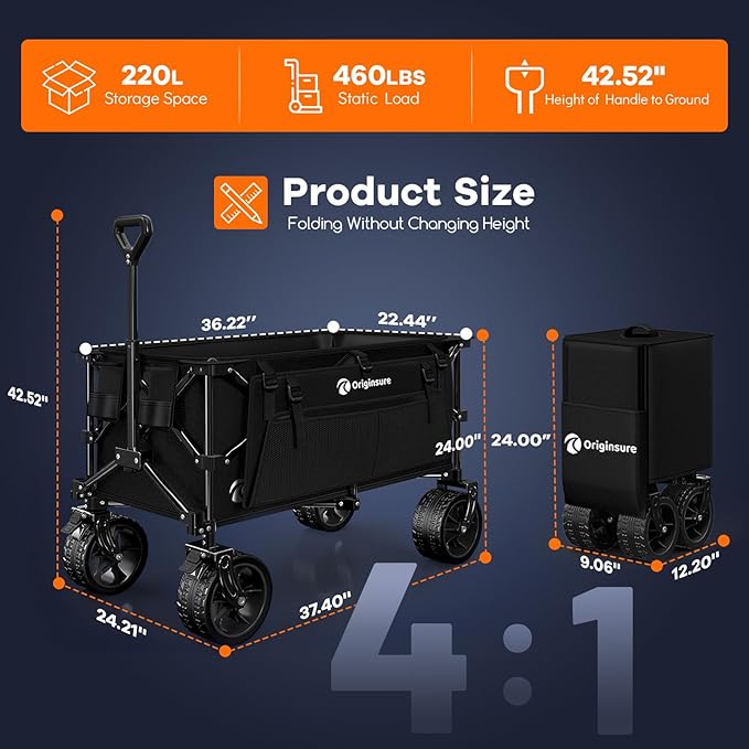 38"L Collapsible Wagon Cart Foldable, 460LB Weight Capacity 220L Heavy Duty Folding Beach Wagons with Big All-Terrain Wheels, Utility Carts for Groceries, Shopping, Camping, Sports - Black