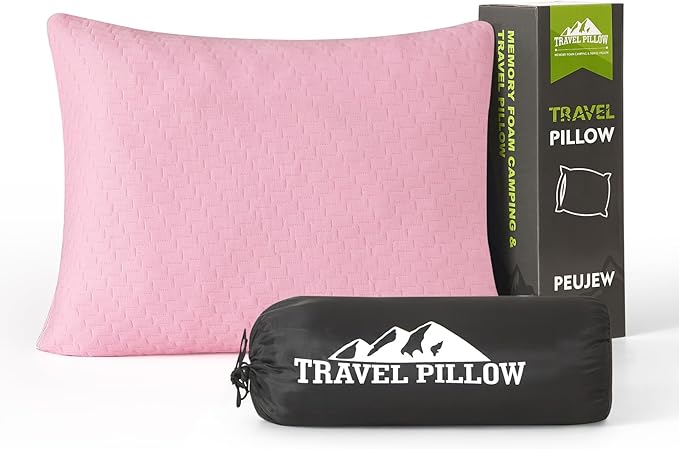 Small Shredded Memory Foam Pillow, Camping Pillow Travel Pillow - Compressible Medium Firm, Breathable Cover, Ideal Backpacking Hiking, Airplane and Car (Apricot Pink, M)