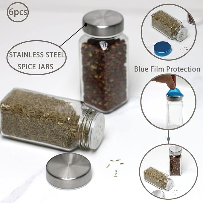 6pcs Spice Jars, 4 oz Glass Seasoning Bottles, Spices Container, Empty Spice Jars, Square Spice Bottles with Airtight Stainless Steel Caps with Shaker Lid