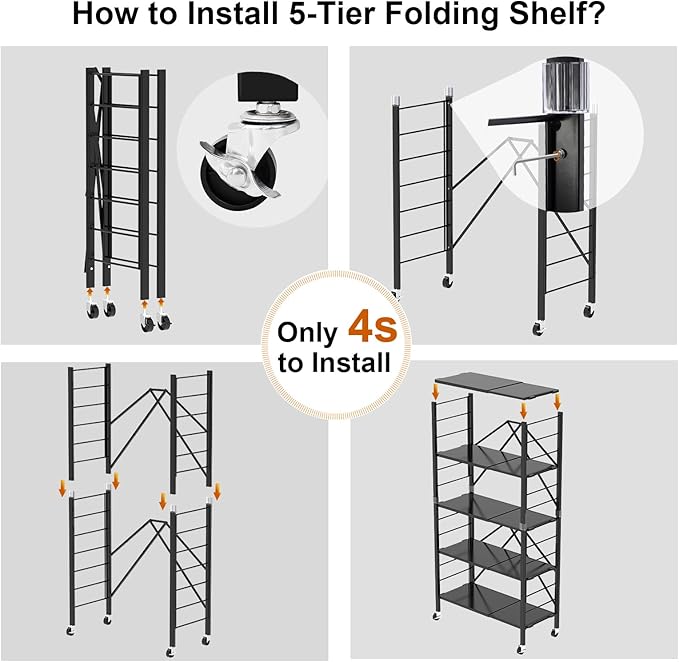 5 Tier Foldable Storage Shelves, Expandable Folding Shelving Units with Wheels, Changeable into 2 Shelf Units, Collapsible Adjustable Storage Rack Metal Shelves for Storage, Pantry, Garage, Kitchen