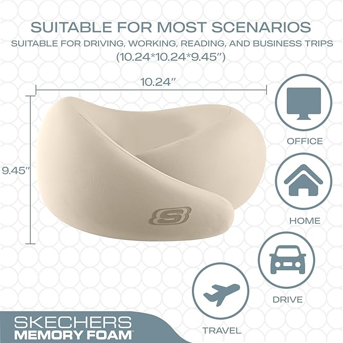 Skechers Memory Foam Travel Pillow,Comfortable & Breathable Airplane Travel Essential, Neck Pillow for Travel, Car Rides, Home, and Office Use, Ergonomic Design for Men and Women,Beige