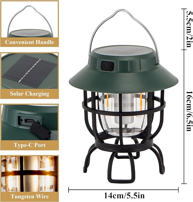 TRIROCKS Set of 2 LED Solar Camping Lantern Dimmable Rechargeable Lantern IPX3 Water-Resistant Portable Emergency Lights Outdoor Camping Lights for Camping Home Power Outage Hurricane Hiking (Green)