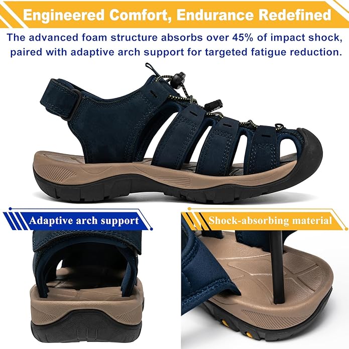 Men's Sport Sandals Closed Toe Leather Hiking Athletic Walking Outdoor Beach Trail River Fishing Water Shoes Lightweight Comfortable Waterproof