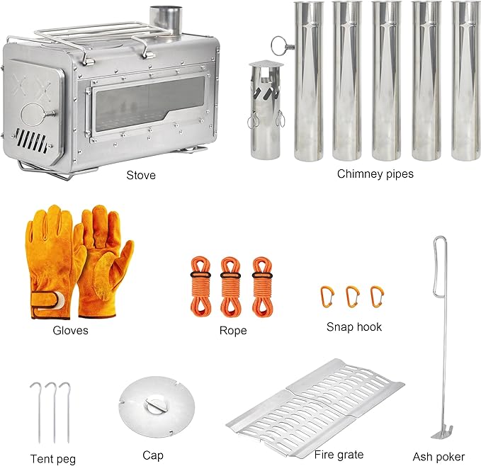 Outdoor Wood Burning Stove, Portable Camp Stove Tent Stove with Chimney Pipe for Cooking, Camping, Tent, Hiking, Fishing, Backpacking