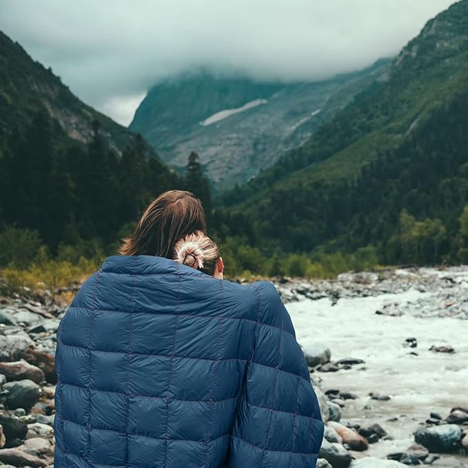 zzlamb Puffy Down Camping Blanket Water-Repellent, Down Throw Travel Blanket Portable for Outdoor, Light Warm Quilt for Couch Plane Car Theater Stadium Picnic RV Backpacking Hammock