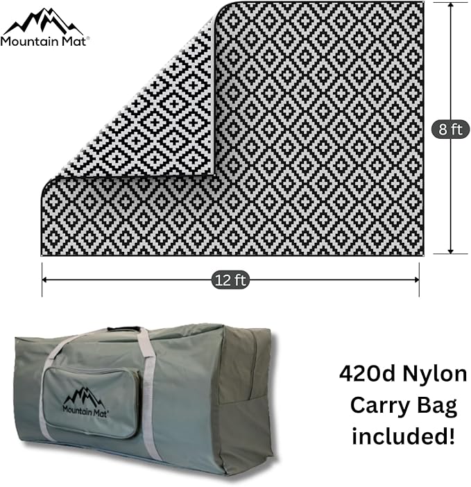 Premium Plastic Outdoor Rug – Size 8' x 12' – Sand-Free Made from 100% Recycled Plastic – for Campsites, Tents, RVs, Campers, and Patios – with Durable Carry Bag and Grommets (Black)
