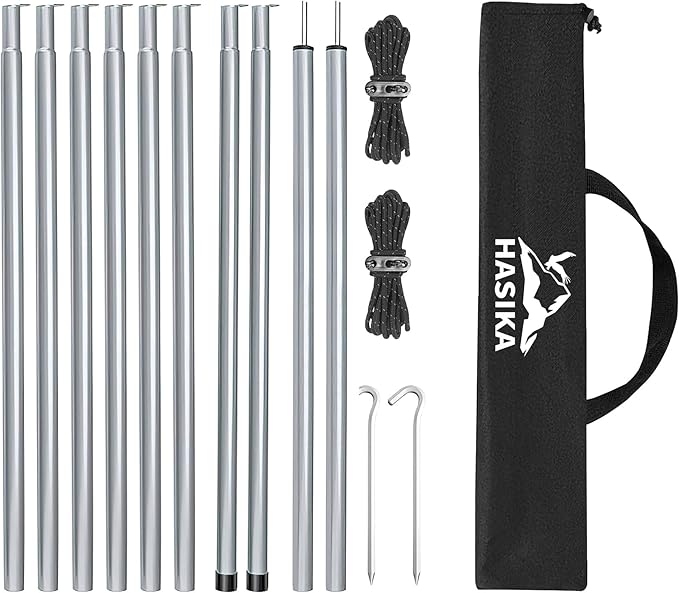 Hasika Camping Tent Pole Repair Kit Including Ropes Stakes Adjustable from 30" to 74.8" Replacement for Tarp Awning Rainfly 2 Set (10 Sections)