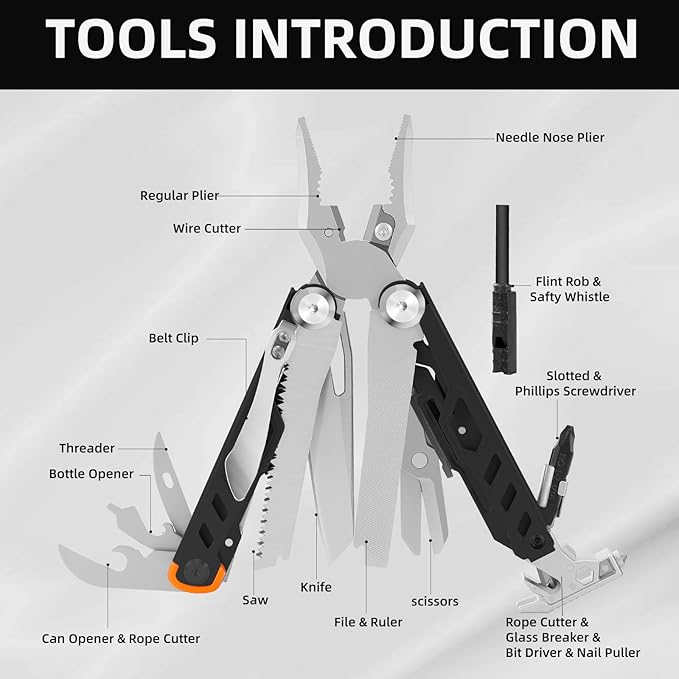 HANSHI Multitool Pliers, 22-in-1 YG10 Tungsten Steel Multi Tool with Scissors,Replaceable Wire Cutters, Flint, Window Breaker, Back Clip,Ideal for Camping, Survival and Gift(Black)