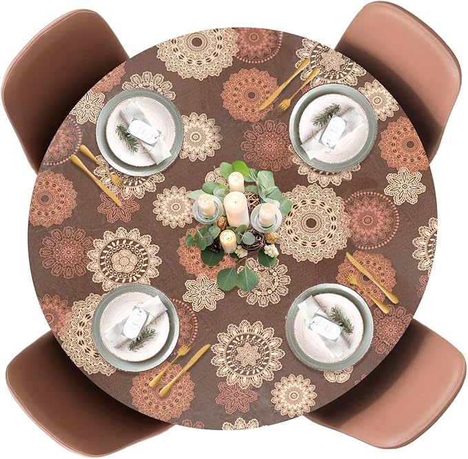 LAMINET Elastic Fitted Table Cover - Medallion - Large Round - Fits Tables up to 45-56” Diameter