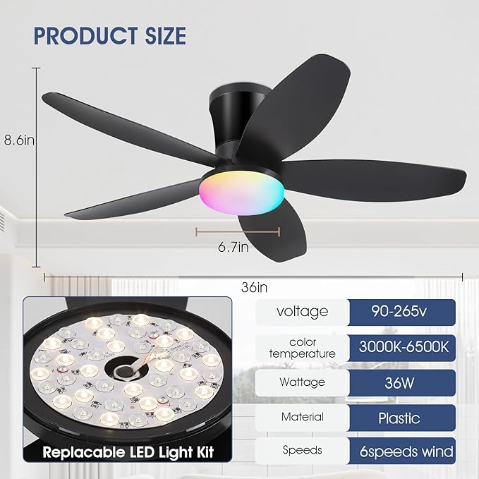Flush Mount RGB Ceiling Fans with Lights-36 Low Profile Ceiling Fan with Light and Remote/APP Control,DC Reversible,LED Dimmable Blakc Ceiling Fans for Bedroom,Indoor/Outdoor Patio Use