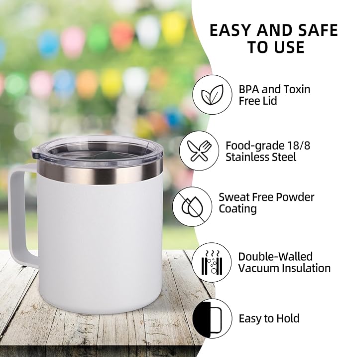Volhoply 14oz Insulated Stainless Steel Coffee Mug with Leakproof Lid,Double Wall Vacuum Travel Coffee Cup with Handle,Reusable Metal Cups Tumbler,Camping Mugs Keep Hot/Cold,Ideal Gifts(White,1)