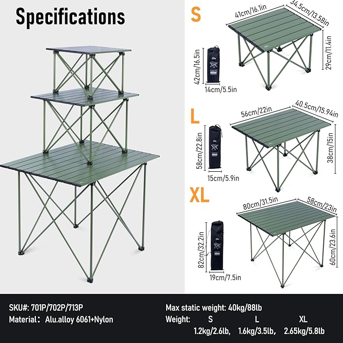 iClimb Ultralight Compact Camping Folding Table with Carry Bag (Reinforced Green - S)