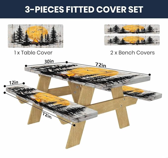 CAPSCEOLL Fitted Picnic Table Cover with Bench Covers with Elastic 6Ft Waterproof Camping Picnic Table Cover Cloths for Outdoors Tablecloth with Drawstring Bag, 72X30in, Camping on Wood