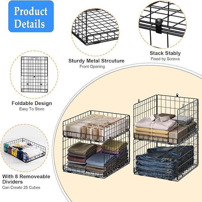 4 Pack Closet Organizers and Storage Shelves for Clothes, 4 Tier Stackable Closet Storage Basket Bin Container for Clothing Sweater Jean, Narrow, Foldable, Sturdy Metal Closet System Organizer Shelf