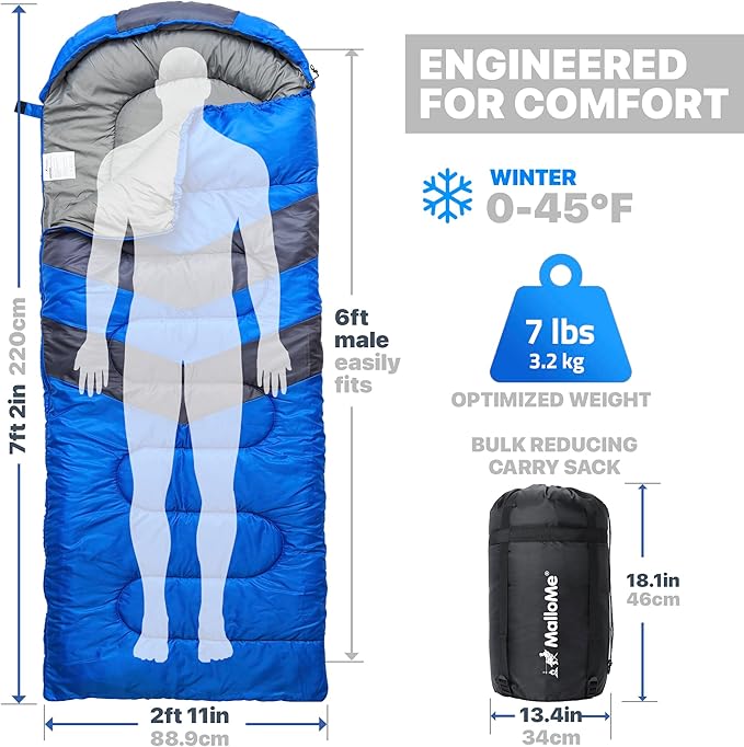 MalloMe Sleeping Bags for Adults Cold Weather & Warm - Backpacking Camping Sleeping Bag for Kids 10-12, Girls, Boys - Lightweight Compact Camping Essentials Gear Accessories Hiking Sleep Must Haves