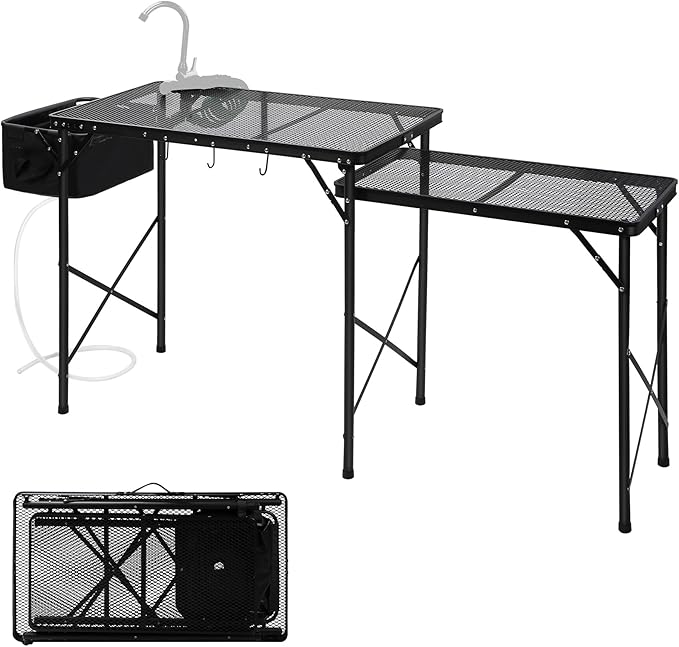 RedSwing Folding Grill Table with Sink and Double Shelf, Multifunctional Portable Grill Stand Table for Outdoor Camping Picnic BBQ, 69 x20 x31.5 Inches, Black