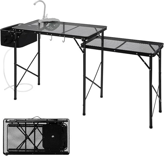 RedSwing Folding Grill Table with Sink and Double Shelf, Multifunctional Portable Grill Stand Table for Outdoor Camping Picnic BBQ, 69 x20 x31.5 Inches, Black