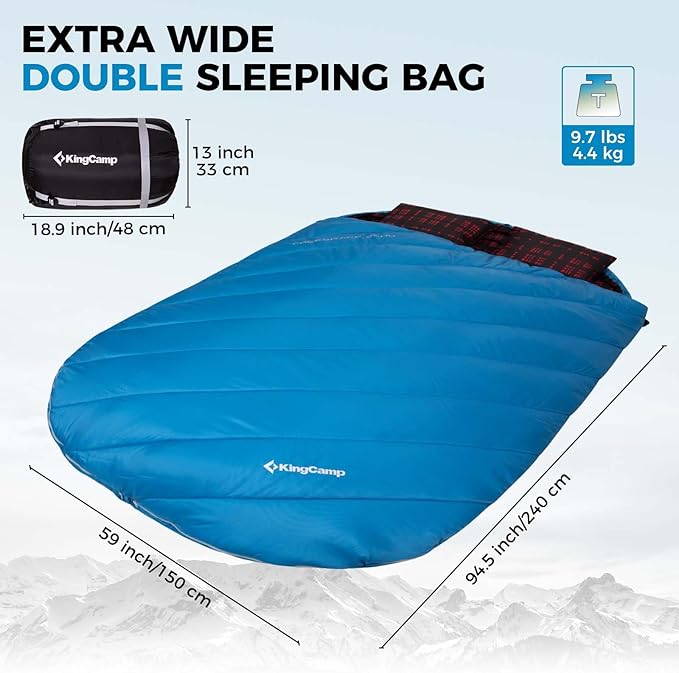 KingCamp Double Sleeping Bag for Adults, Queen Size 2 Person XXL Flannel Sleeping Bag, Waterproof Lightweight Flannel Quilt with 2 Pillows, Perfect for Couples Family Camping Hiking