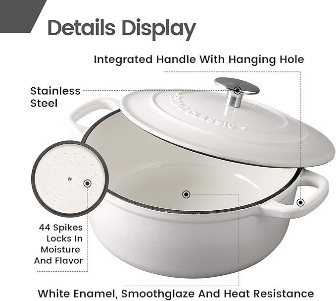 Dutch Ovens Enameled Cast Iron Covered 5.5 Quart Dutch Oven with Dual Handle for Bread Baking, White