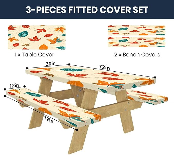 CAPSCEOLL Fitted Picnic Table Cover with Bench Covers with Elastic 6Ft Waterproof Camping Picnic Table Cover Cloths for Outdoors Camping Tablecloth with Drawstring Bag, 72X30in, Maple Leaf