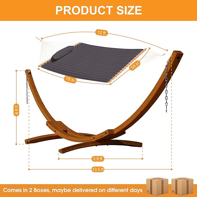 Lazy Daze Hammocks 12 FT Double Quilted Fabric Hammock and 13 FT Brown Wooden Arc Stand, with Spreader Bar, Removable Pillow, 2 Person Hammock for Outdoor Patio Poolside, 450 lb Capacity, Dark Gray