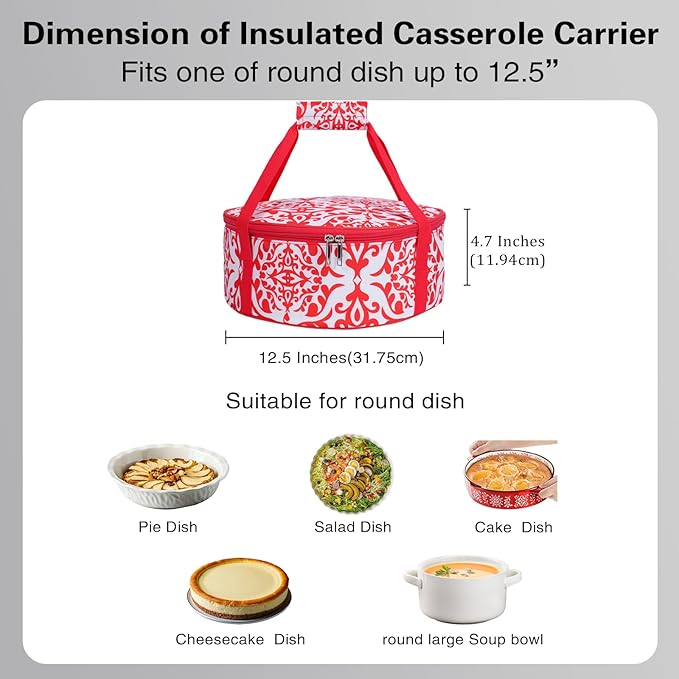 Round Insulated Pie Carrier – Thermal Portable Lunch Transport Cheesecake Cake Dish Container Bag Keep Food Hot/Cold/Fresh for Potlucks Parties Gathering/Cookouts/Church Dinner/Outdoor Events-Red