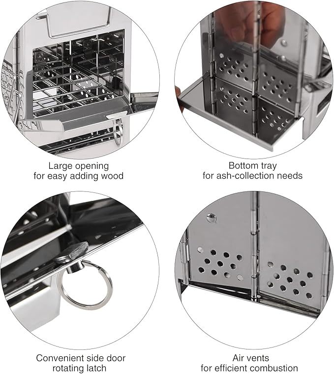 Portable Camping Wood Stove for Cooking, Folding Lightweight Stainless Steel Wood Stove with Grid and Pot Stand for Outdoor Camping Hiking Backpacking BBQ Picnic, Small