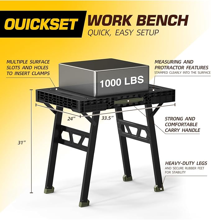 Express Folding Work Table, Easy Setup Portable Folding Work Table & Portable Folding Workbench, 34" W x 25" D x 31" H Lightweight Versatile Clamping Worktable for Garage/Wood Shop (Green)