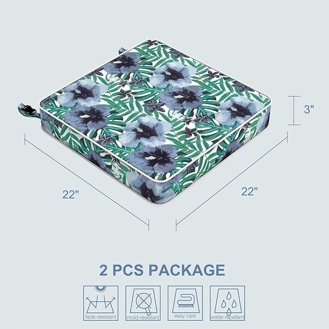 LVTXIII Patio Chair Cushions 22"x22"x3", Water-Repellent Outdoor Seat Cushions for Patio Furniture, Square Chair Pads with Ties for Home Garden Decoration, Set of 2, Blue Salmone Tropical