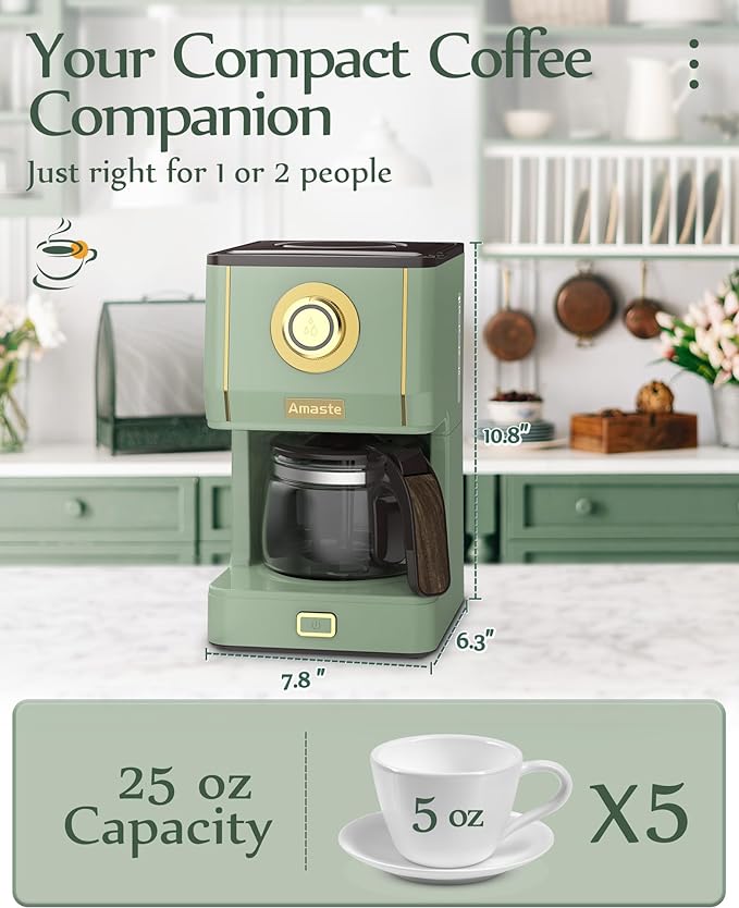 Amaste Drip Coffee Maker, Coffee Machine with 25 Oz Glass Coffee Pot, Retro Style Coffee Maker with Reusable Filter & Three Brewing Modes, 30minute-Warm-Keeping, Matcha Green