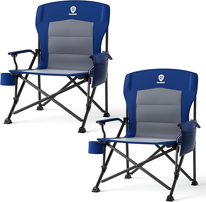 EVER ADVANCED Oversized Folding Camping Chair for Adults, Heavy Duty Lawn Chair with Side Pockets, Portable Collapsible Quad Chair for Outside, Support Up to 500lbs