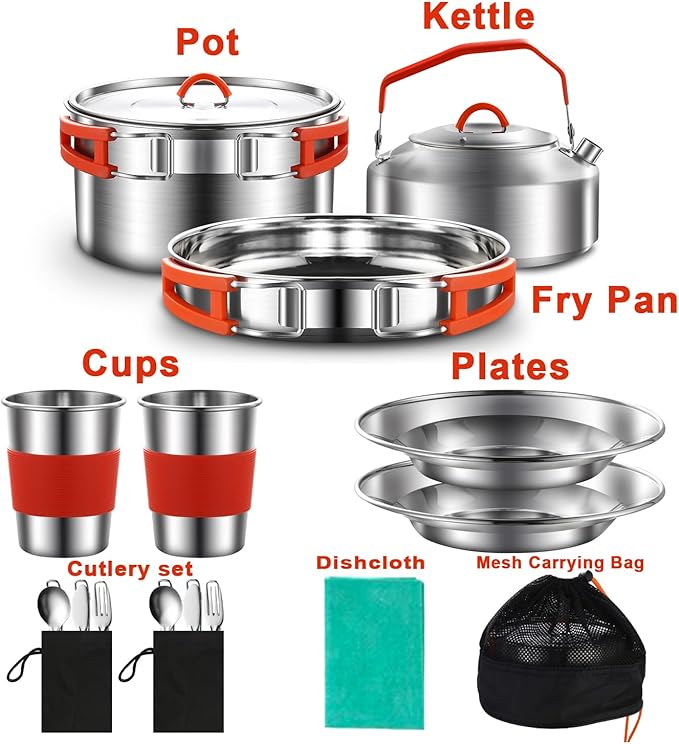 304 Stainless Steel Camping Cookware Set - Mess Kit with Pots, Pans, Kettle, Plates, Forks, Knives, Spoons for 2 People, Perfect for Camping, Picnic, RVs