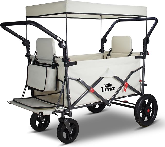 TMZ Foldable Wagon with Canopy, Collapsible Folding Wagon with Adjustable Handle Bar, Multi Functional Cart with Expansion Accessories, Front Expandable Transport Camping Wagon(Beige)