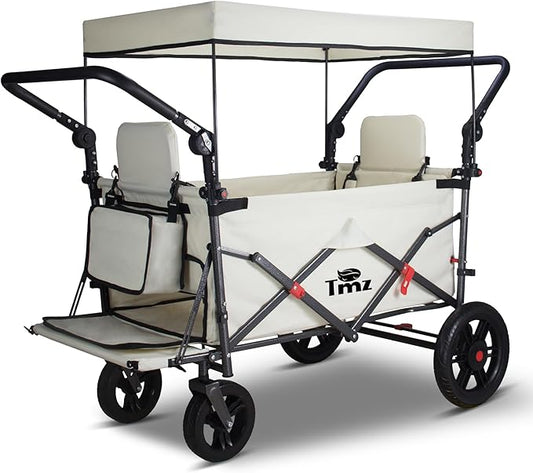 TMZ Foldable Wagon with Canopy, Collapsible Folding Wagon with Adjustable Handle Bar, Multi Functional Cart with Expansion Accessories, Front Expandable Transport Camping Wagon(Beige)
