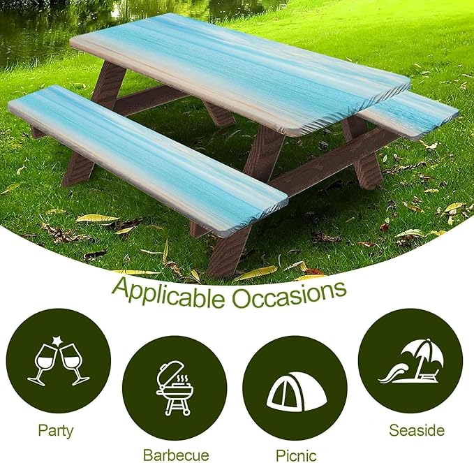 CAPSCEOLL Elastic Picnic Table Cover with Bench Covers 5Ft Waterproof Fitted Picnic Table Cover Cloths for Outdoors Camping Tablecloth with Drawstring Bag, 60X30in, Summer Beach