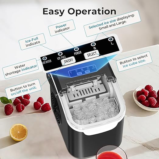 Countertop Ice Maker with Handle, 26.5lbs in 24Hrs with 2 Sizes, 8 Ice Cubes Ready in 6 Mins, Auto-Cleaning Small Portable Ice Maker with Basket and Scoop for Home/Office/Kitchen/Camping/RV, Black