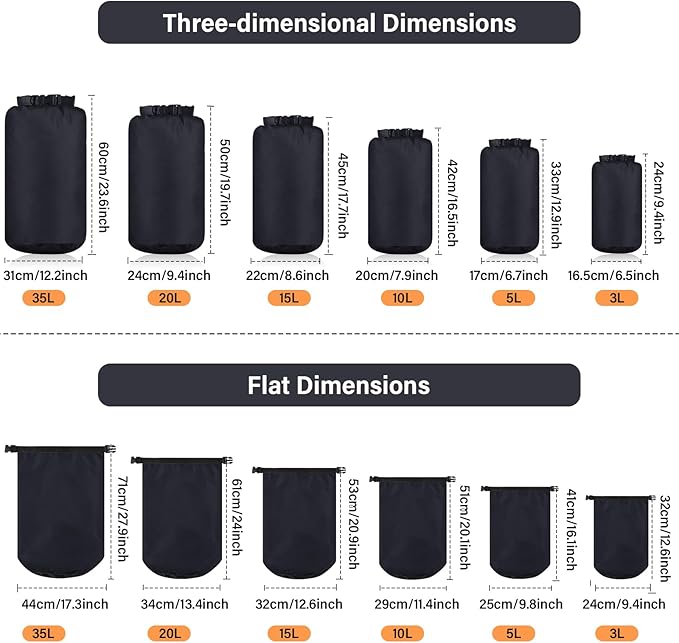 6 Pcs Waterproof Dry Bag Sack Lightweight Outdoor Dry Bags 35 L, 20 L, 15 L, 10 L, 5 L, 3 L Waterproof Boat Bag for Kayaking, Backpacking, Hiking, Camping Rafting(Black)