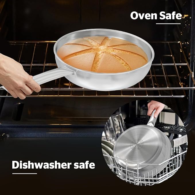 Sunhouse 18/10 9 Inch Stainless Steel Frying Pan, Whole-Clad No Coatings Skillet with Stay-cool Handle for Cooking, Durable & Oven Safe to 500°F, Dishwasher Safe, Compatible with All Cooktops