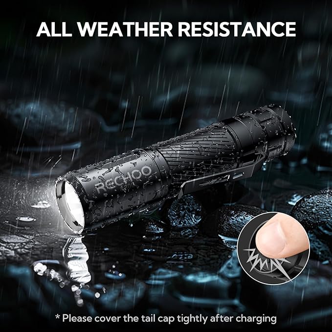 RECHOO Flashlight Rechargeable 2 Pack, 500 Lumens, 3 Lighting Modes & Zoomable, Small Tactical Torch Light for EDC and Emergency, Water Resistant, Duable, Included Pocket Clip & Lanyard