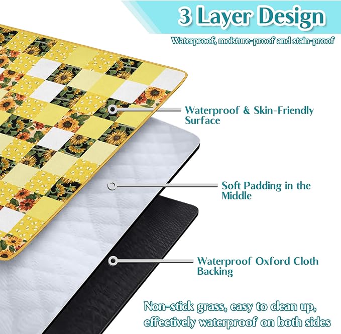 Checkered Picnic Blankets Waterproof Foldable, 60″X80″Sunflower Picnic Mat Outdoor Blanket for Grass, Cute Bee Thick Beach Blanket Sandproof Picnic Accessories for Camping Party Park Patio