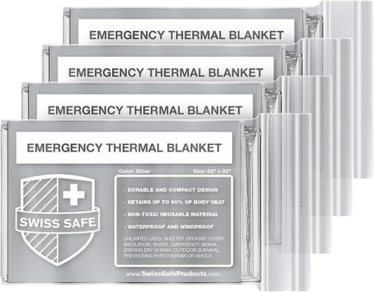Swiss Safe 4 Pack Mylar Emergency Blankets for Survival - Compact & Insulated for Cold Weather - Designed for NASA, Outdoor, Running, Camping, Survival, First Aid Car Kit - Silver, 4 Pack