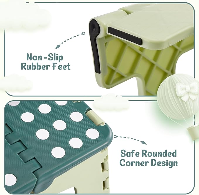 ACSTEP 9 Inch Folding Step Stool 300 LB Capacity Plastic Foldable Step Stools for Kids and Adults, Folding Stool Suitable for Kitchen, Stepping Stool with Handle Bicolor Green Small Step Stool 1PC