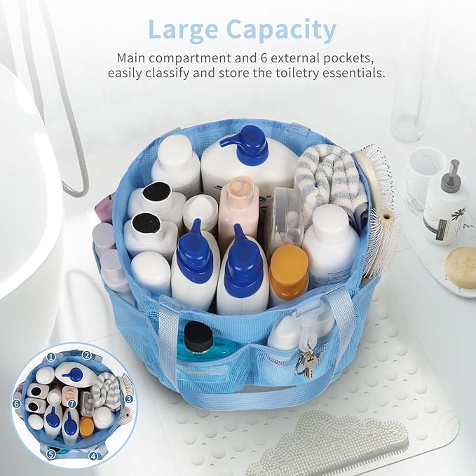 Mesh Shower Caddy Portable for College Dorm Room Essentials, Shower Tote Bag with Hanging Hook and Drawstring, Quick Dry Toiletry Bag with 6 Pockets for Bathroom, Swimming, Gym, Camping, Beach, Travel