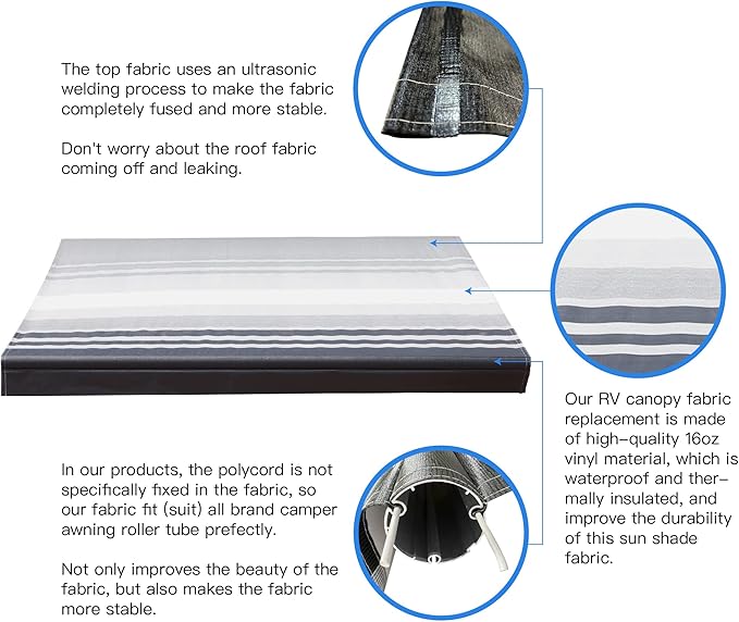 AWNLUX RV Awning Fabric Replacement Waterproof Vinyl Shade Screen for Awnings Camping Universal Fit Fabric Sun Shade UV Sun Blocker Canopy RV Awning Shade Shelter Charcoal Fade-12' (Fabric 11'2")