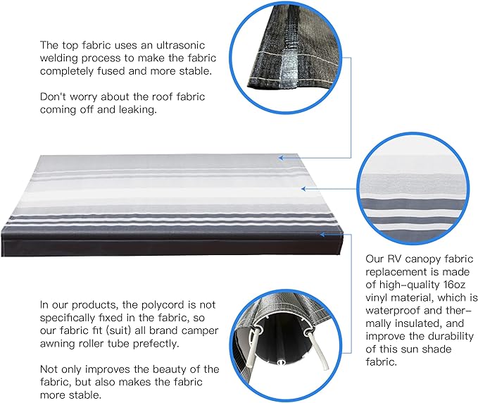AWNLUX RV Awning Fabric Replacement Waterproof Vinyl Shade Screen for Awnings Camping Universal Fit Fabric Sun Shade UV Sun Blocker Canopy RV Awning Shade Shelter Black Strip-18'(Fabric 17'2")