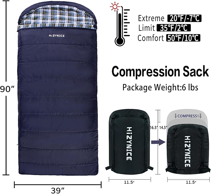 0 Degree Sleeping Bag 100% Cotton Flannel XXL for Adults Big and Tall Cold Weather Winter Zero Degree Camping,Free Compression Sack