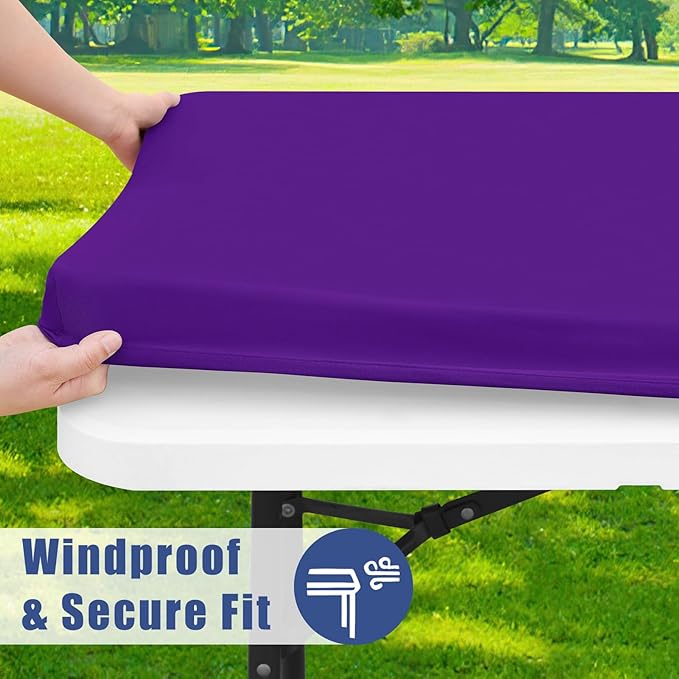 Spandex Picnic Table Cloth 2 Pack, Elastic Fitted Tablecloths for 6 Foot Rectangle Tables, Stretch Washable Patio Table Cover for Outdoor, Camping, Banquet and Parties (Purple, 30"x72")